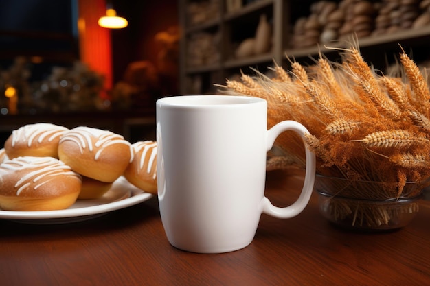 Ein weißer Becher und ein appetitliches Brötchen auf herbstlichem Hintergrund