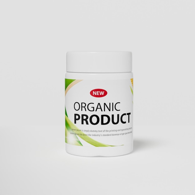 ein weißer Behälter mit biologischem Bio-Produkt mit einem grünen Blatt auf dem Etikett