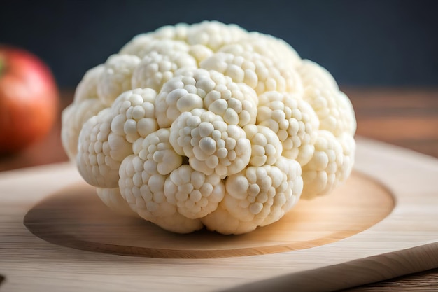 Ein weißer Blumenkohl auf einem Holzteller.