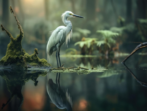 Ein weißer Egret in der Mitte des Waldes spiegelt sich im Wasser wider