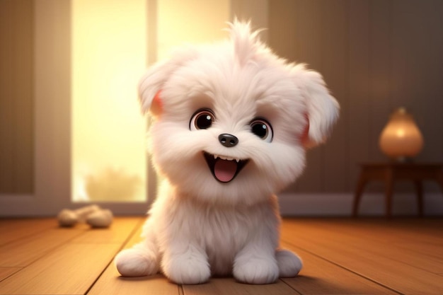 ein weißer flauschiger Hund mit einem großen Lächeln auf seinem Gesicht