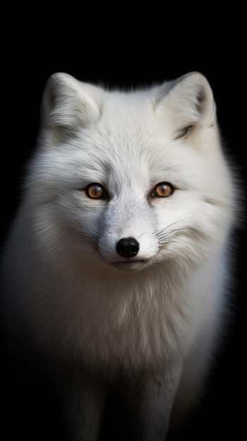 Ein weißer Fuchs mit schwarzem Hintergrund und gelben Augen.