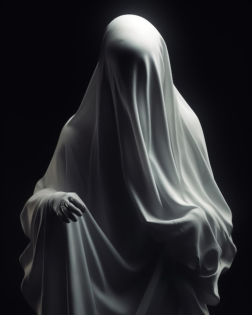 Ein weißer Geist in einem dunklen Raum steht in heiliger Pose mit schwarzem Hintergrund