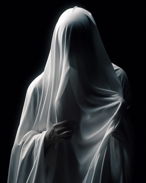 Ein weißer Geist in einem dunklen Raum steht in heiliger Pose mit schwarzem Hintergrund