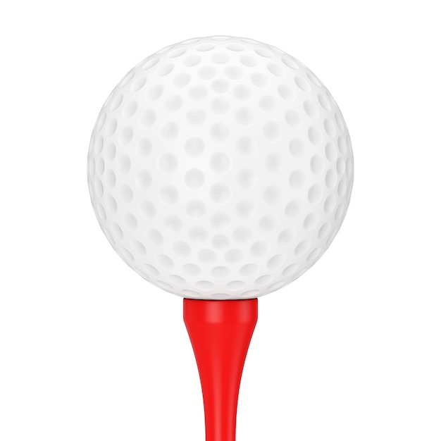 Ein weißer Golfball auf rotem Tee auf weißem Hintergrund 3D-Rendering