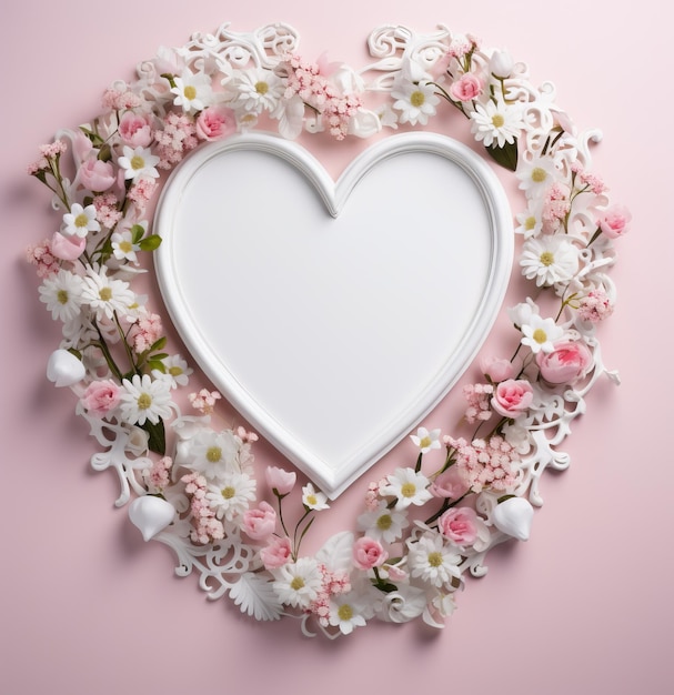 ein weißer herzförmiger Rahmen mit rosa Herzen oben auf rosa und weißen Wildblumen