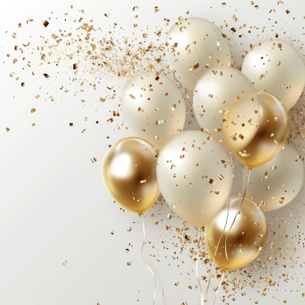 Foto ein weißer hintergrund mit goldkonfetti und goldballons