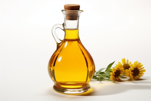 Ein weißer Hintergrund zeigt einen Dekanter, der mit Oliven- oder Sonnenblumenöl gefüllt ist