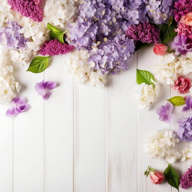 Ein weißer Holzhintergrund mit lila und rosa Blüten und grünen Blättern.