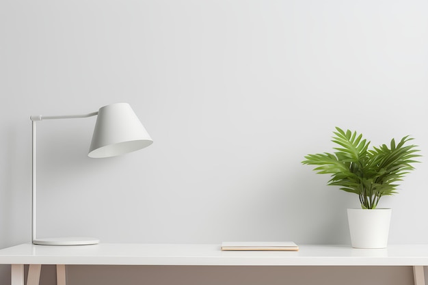 ein weißer Holzschreibtisch mit einer Lampe von einigen Pflanzen im Stil von minimal