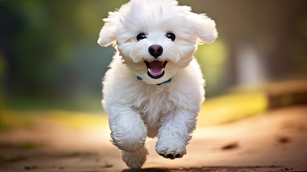 Ein weißer Hund mit blauem Halsband rennt auf einem Weg.