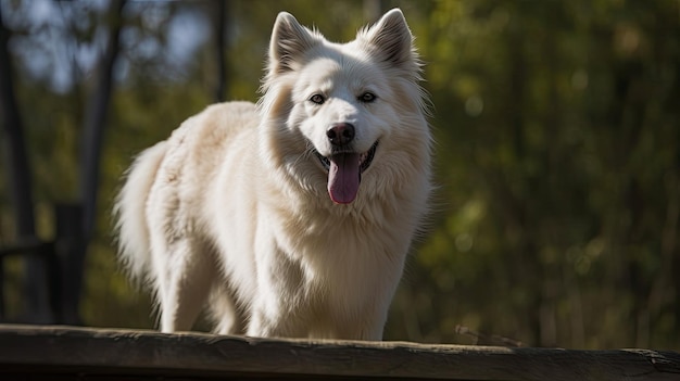 Ein weißer Hund mit blauer Zunge steht auf einer Brücke.