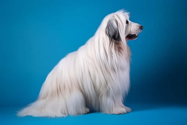 Ein weißer Hund mit langen Haaren und langem Schwanz sitzt vor blauem Hintergrund.