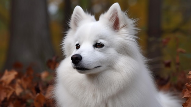 Ein weißer Hund mit schwarzer Nase sitzt im Wald.