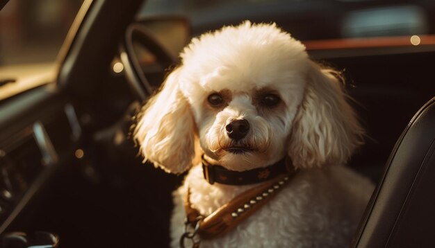 Ein weißer Hund sitzt in einem Auto und die Sonne scheint ihm ins Gesicht.