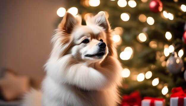 Ein weißer Hund sitzt vor einem Weihnachtsbaum