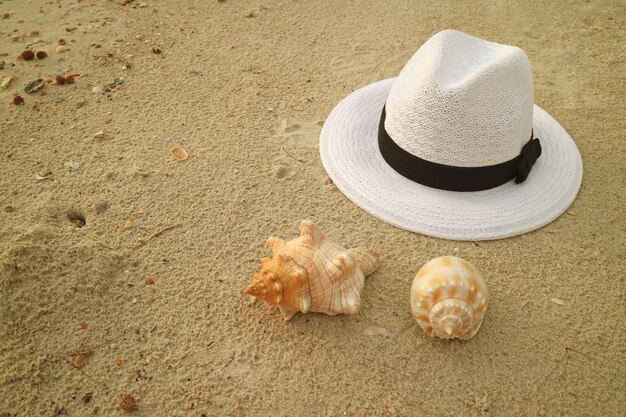 Ein weißer Hut und zwei Arten nette natürliche Seeoberteile auf dem sandigen Strand, Thailand