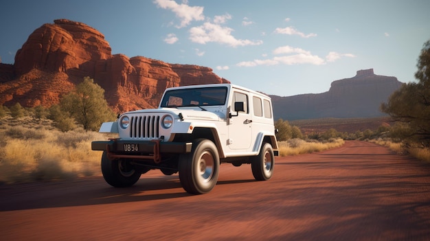Ein weißer Jeep fährt auf einer unbefestigten Straße in der Wüste.