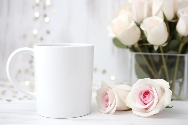 Foto ein weißer kaffeemusch sitzt neben einem strauß weißer rosen