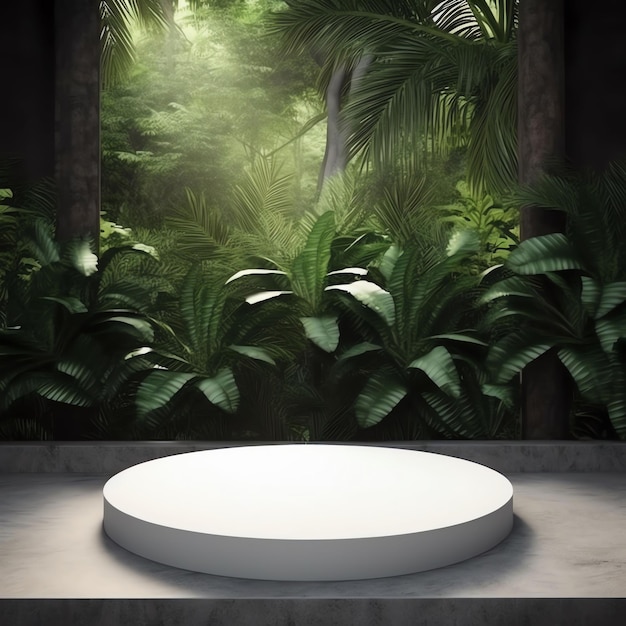 Ein weißer Kreis liegt auf einem Tisch vor einem Dschungel.