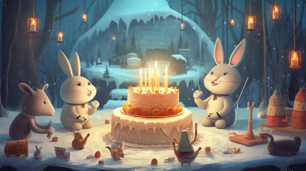 Ein weißer Kuchen mit kleinen Tieren zum Geburtstag