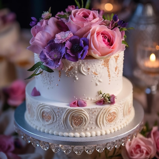 Ein weißer Kuchen mit lila Blumen darauf