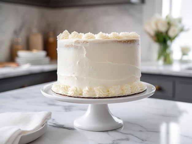 Ein weißer Kuchen mit weißem Zuckerguss auf einem weißen Tortenständer.