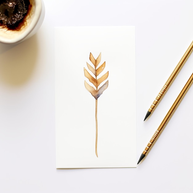 ein weißer Kunstdruck auf Kraftpapier mit einem Paar goldener Bleistifte. Der Druck zeigt einen zarten Aquarellstil mit minimalistischer Symmetrie und verwendet dunkle Marine- und dunkle Bronzetöne. erfasst mit einer Min