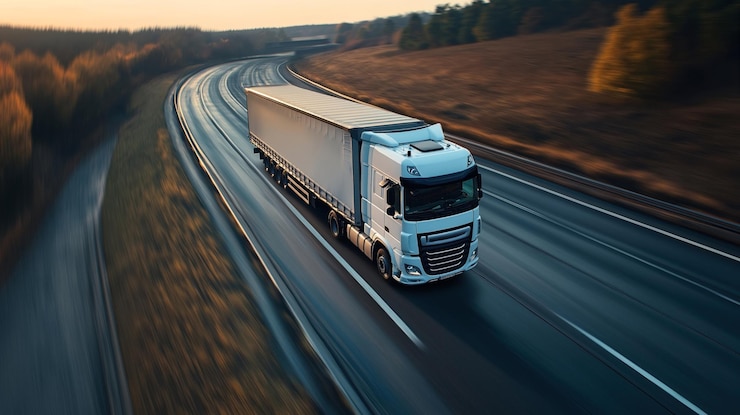 Foto ein weißer langstreckenlastwagen fährt auf einer autobahn durch ein bewaldetes gebiet während des sonnenuntergangs und zeigt transport und logistik in aktion auf einer offenen straße