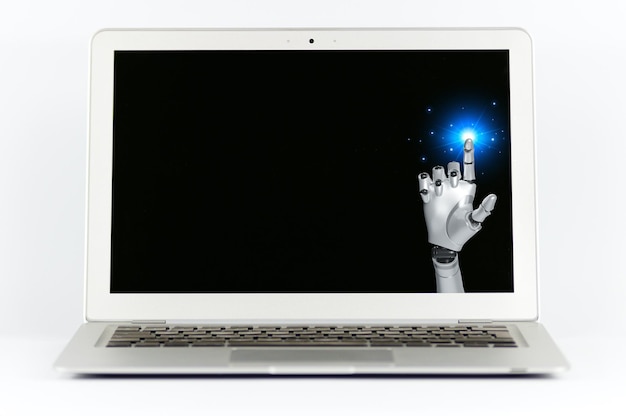 Ein weißer Laptop mit einer Hand auf dem Bildschirm und einem blauen Licht.