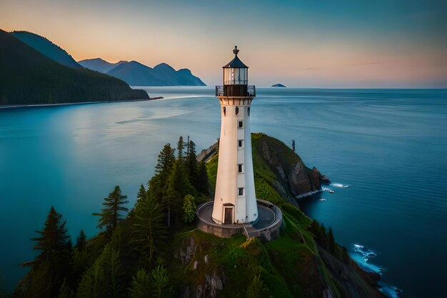 Ein weißer Leuchtturm steht auf einer Klippe mit Blick auf den Ozean.