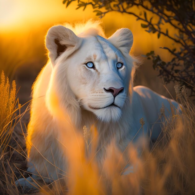 Ein weißer Löwe mit blauen Augen liegt im Gras.