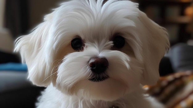 Ein weißer Malteserhund sitzt auf einer Couch