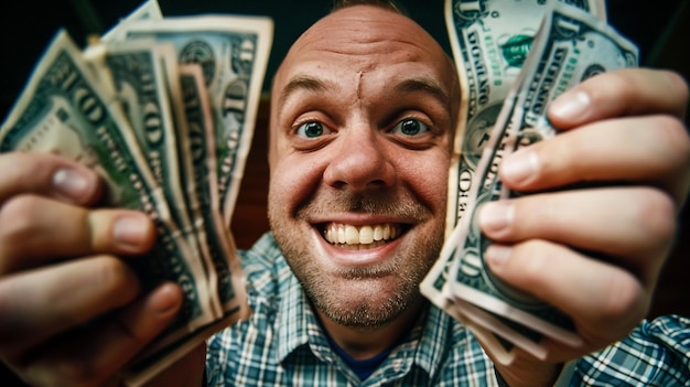 Foto ein weißer mann hält bargeld in den händen mit einem lächeln auf dem gesicht und einem vollen oberkörper