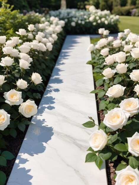 Ein weißer Marmor, der von weißen Rosen in einem Garten umgeben ist