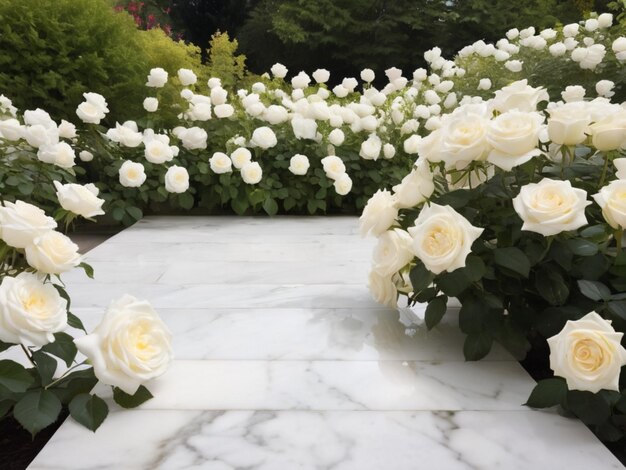 Ein weißer Marmor, der von weißen Rosen in einem Garten umgeben ist