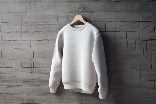 Ein weißer Pullover hängt an einer Wand mit einer Backsteinmauer dahinter.