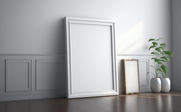 Ein weißer Rahmen sitzt an einer weißen Wand neben einem Fenster.