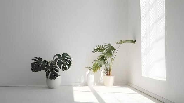 Ein weißer Raum mit Pflanzen in Töpfen und einem Fenster mit weißem Rahmen.