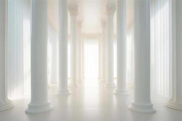 Ein weißer Raum mit Säulen und einem Licht in der Mitte
