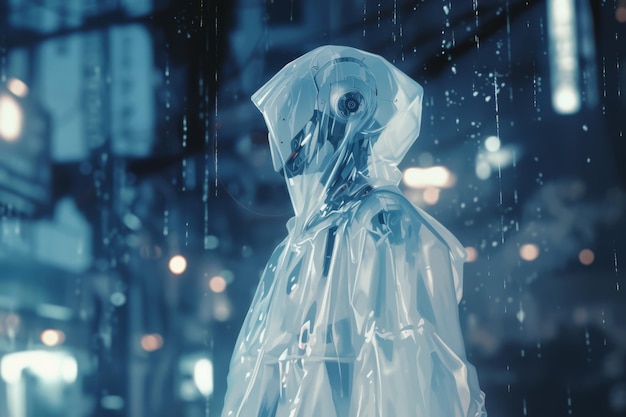 Ein weißer Roboter in einem durchsichtigen Regenmantel steht im Regen vor einem städtischen Hintergrund