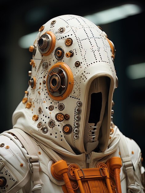 ein weißer Roboter mit einer Maske, auf der steht Spaceman