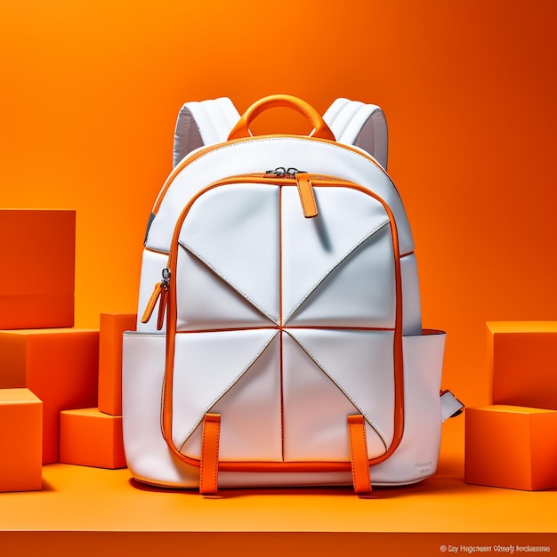 Foto ein weißer rucksack mit orangefarbenen riemen und ein weißer backpack auf der rückseite.