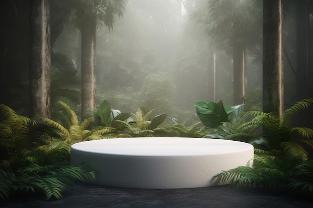Ein weißer runder Tisch in einem Dschungel mit Dschungelhintergrund.