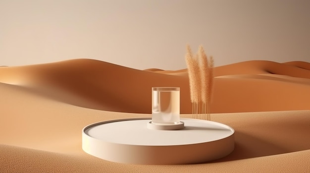 Ein weißer runder Tisch mit einem Glas darauf, auf dem „Sand“ steht