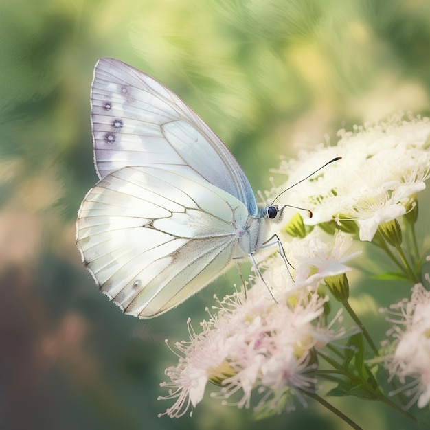 Ein weißer Schmetterling sitzt auf einer Blume mit der Nummer 5 darauf.