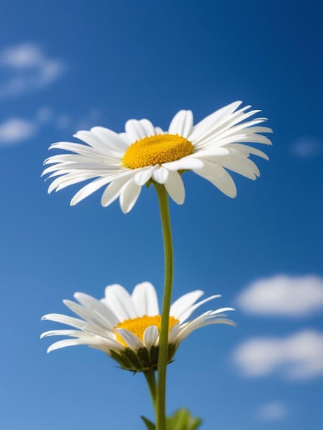 Ein weißer Schmetterling sitzt auf einer einzigen weißen Gänseblümchen gegen einen klaren blauen Himmel