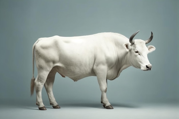 Ein weißer Stier mit Hörnern steht vor einem grauen Hintergrund