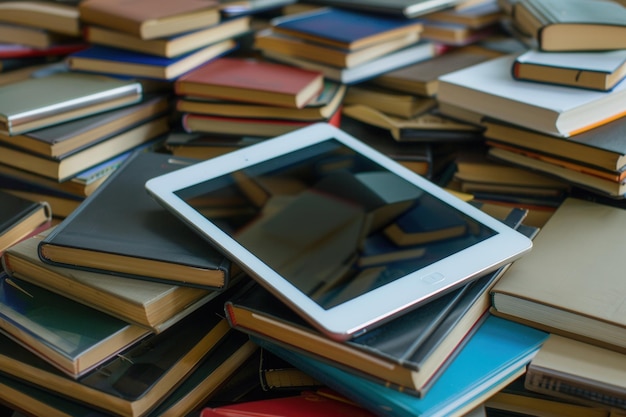 Ein weißer Tablet-Computer ruht auf einem Stapel verschiedener Bücher, der den Wechsel zu digitalem Lernen und Online-Bildung symbolisiert.