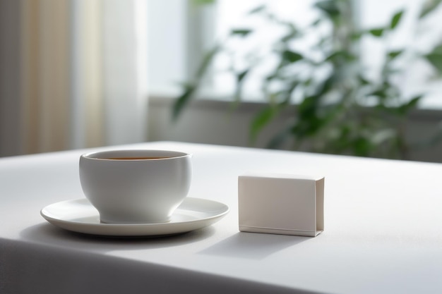 Ein weißer Teebeutel wird auf der Seite eines weißen Tisches mit einer Tasse KI-generierten Tee platziert
